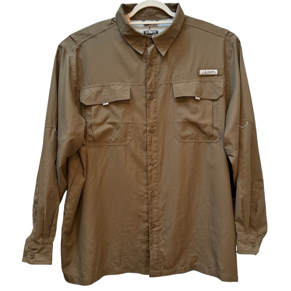 Habit Long Sleeve Fishing Shirt Mens 2XL 2XG Khaki Green Solar Factor Vented‎
